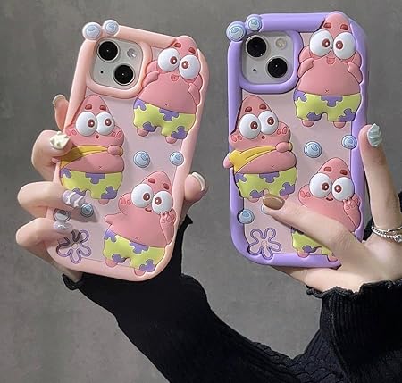 Fekra Silicone Case 3D Cartoon Soft Cover For iPhone 15 Pro max| 15 Pro| 15| 14 Pro Max| 14 Pro| 14/13 | 13 Pro max| 13 Pro| 12 Pro max | 11 Pro max| 11 Drop-proof (patrick Pink, iPhone 14 pro max)