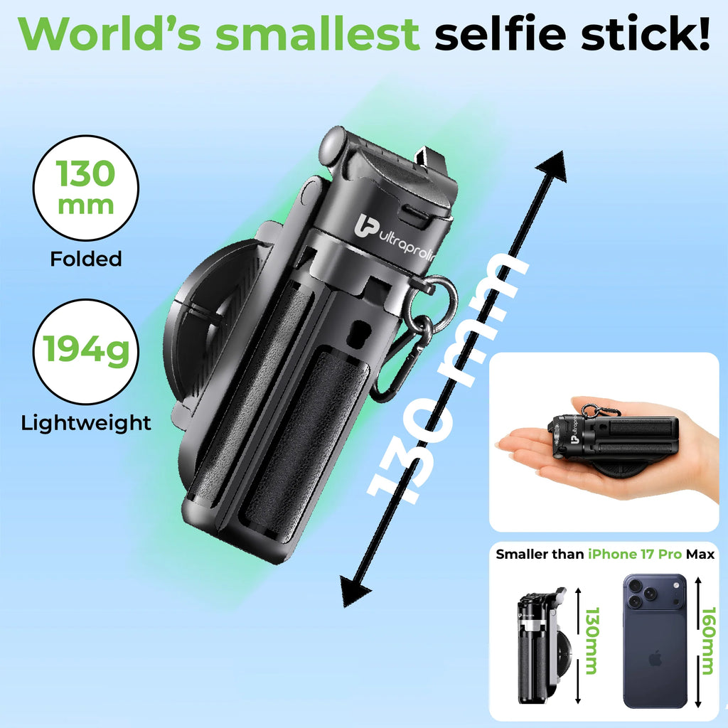 Snap-Z   Two   Ultra-Compact   World’s   Smallest   13cm   Selfie   Stick   &   Tripod   |Folds   to   just   130mm   and   weighs   only   194g   |Works   seamlessly   with   Android   8+   and   iOS   14+   devices|