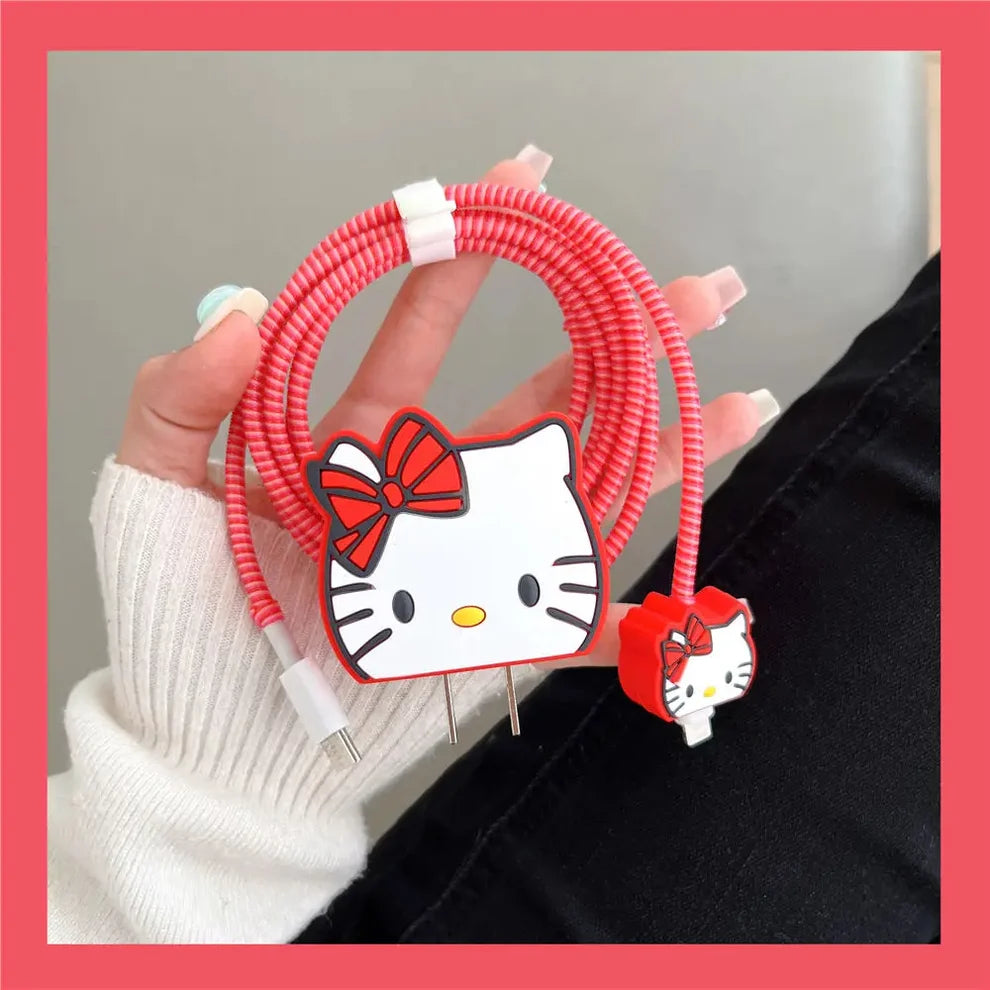 Iphone Charger Case Cover - Kitty Red - 4 Piece Set (With Wire Protector)