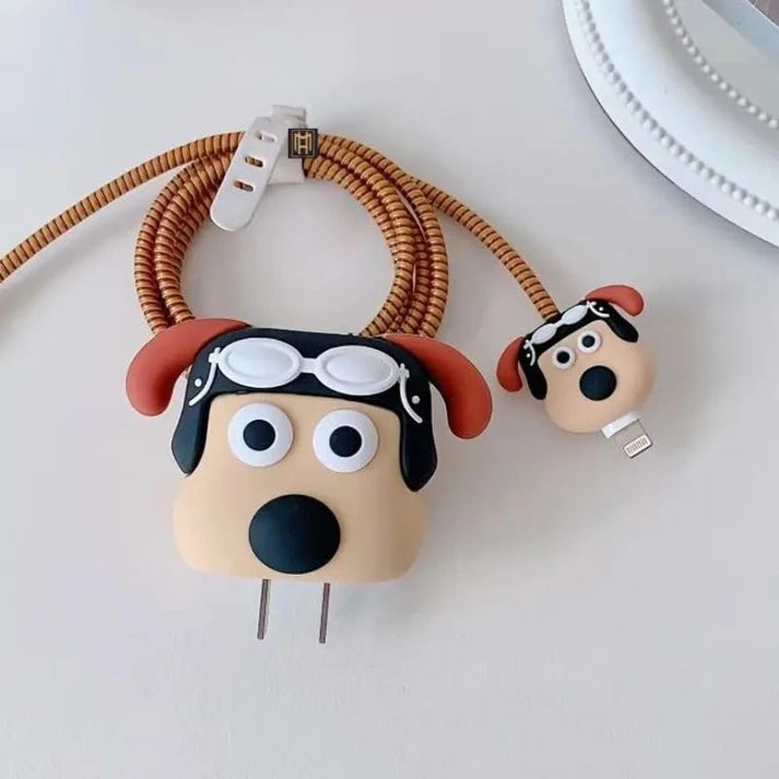 Iphone Charger Case Cover - Pilot Pug - 4 Piece Set (With Wire Protector)