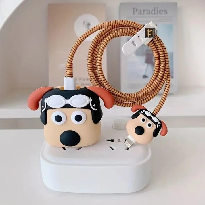Iphone Charger Case Cover - Pilot Pug - 4 Piece Set (With Wire Protector)