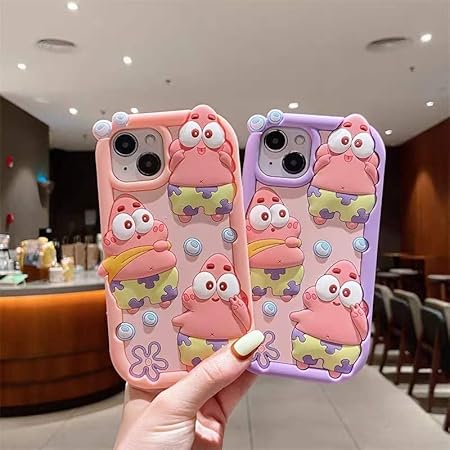 Fekra Silicone Case 3D Cartoon Soft Cover For iPhone 15 Pro max| 15 Pro| 15| 14 Pro Max| 14 Pro| 14/13 | 13 Pro max| 13 Pro| 12 Pro max | 11 Pro max| 11 Drop-proof (patrick Pink, iPhone 14 pro max)