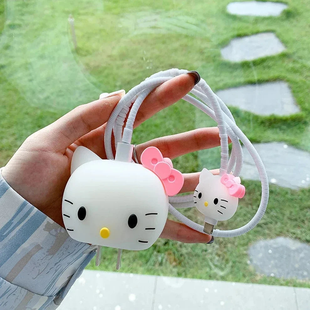 Iphone Charger Case Cover - Cute Kitty - 4 Piece Set (With Wire Protector)
