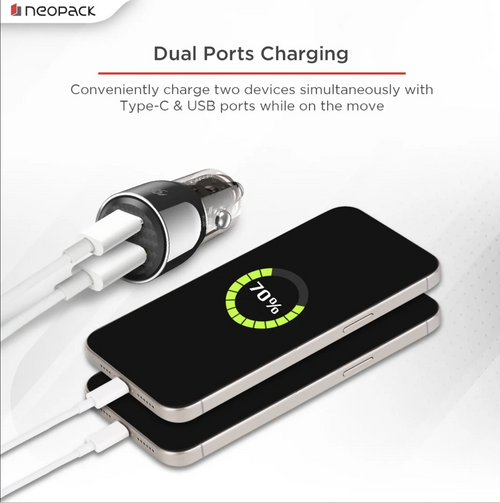 95W Dual Port Turbo Vision Car Charger with USB-C @ 65W PD 3.0 Output & USB-A @ 30W QC 3.0 Output Pots (Black)