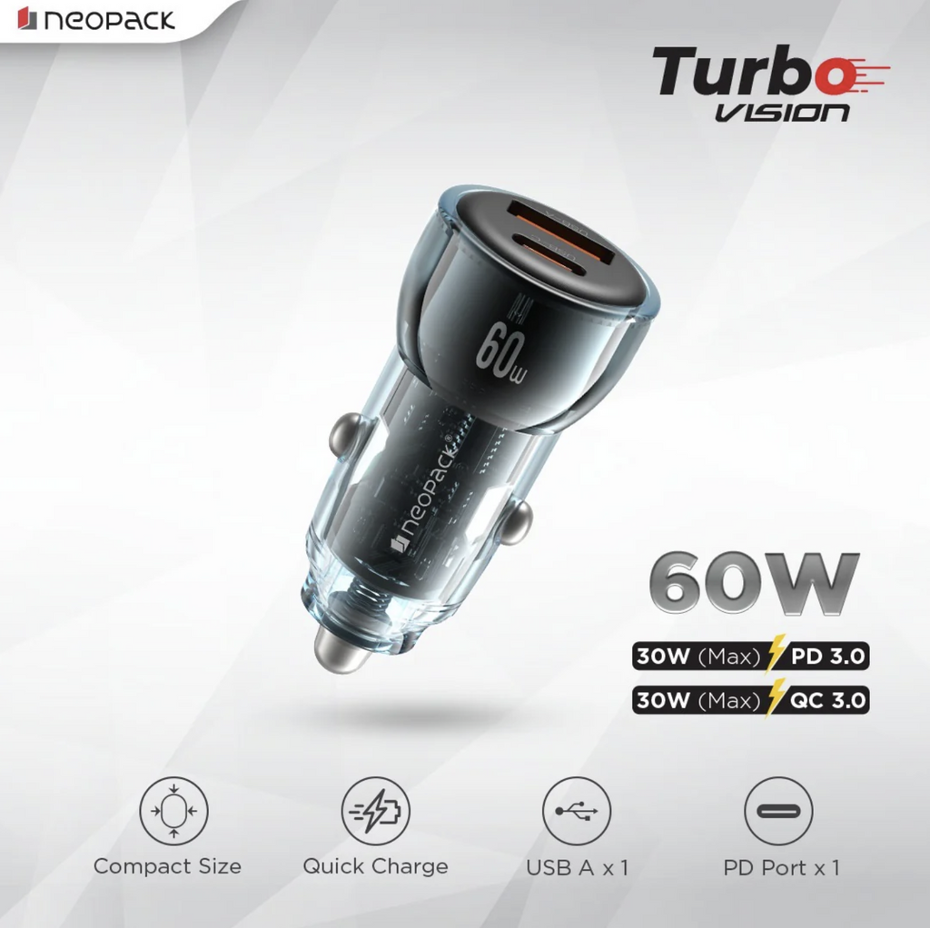 60W Dual Port Turbo Vision Car Charger with USB-C @ 30W PD 3.0 Output & USB-A @ 30W QC 3.0 Output Pots (Blue)