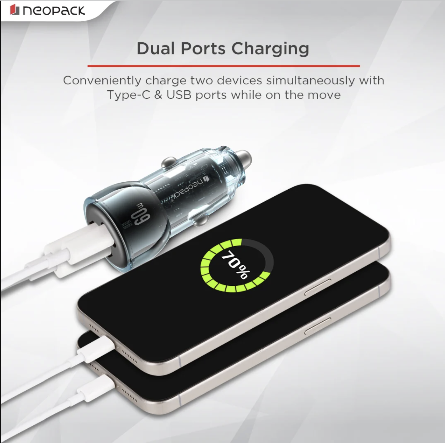 60W Dual Port Turbo Vision Car Charger with USB-C @ 30W PD 3.0 Output & USB-A @ 30W QC 3.0 Output Pots (Blue)
