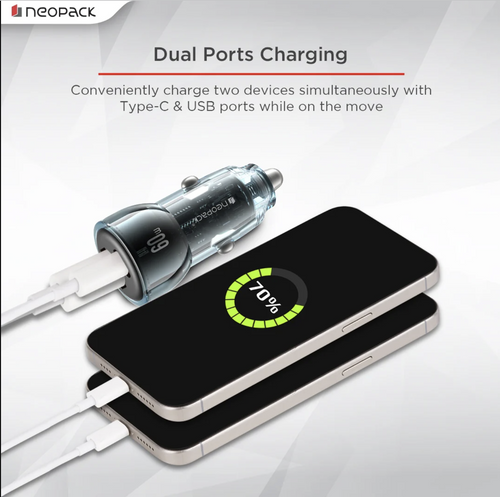 60W Dual Port Turbo Vision Car Charger with USB-C @ 30W PD 3.0 Output & USB-A @ 30W QC 3.0 Output Pots (Blue)