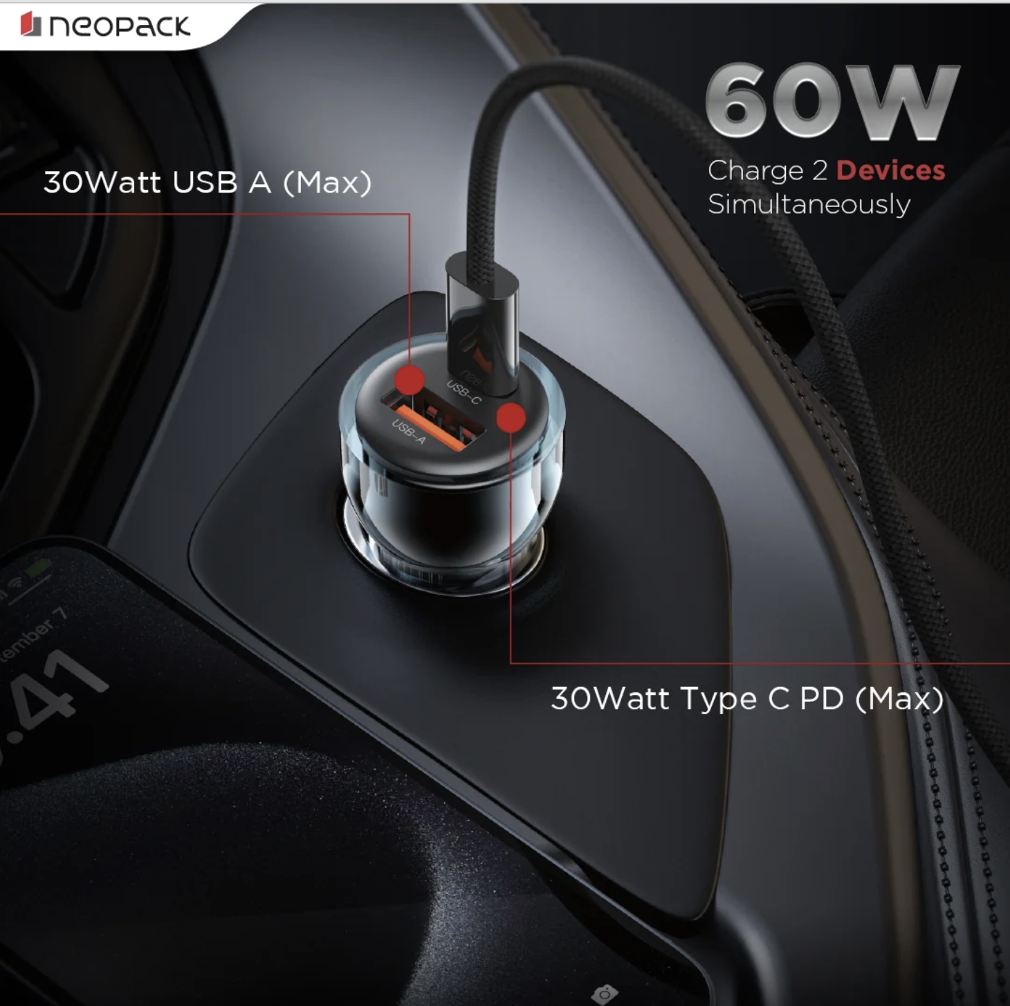 60W Dual Port Turbo Vision Car Charger with USB-C @ 30W PD 3.0 Output & USB-A @ 30W QC 3.0 Output Pots (Blue)