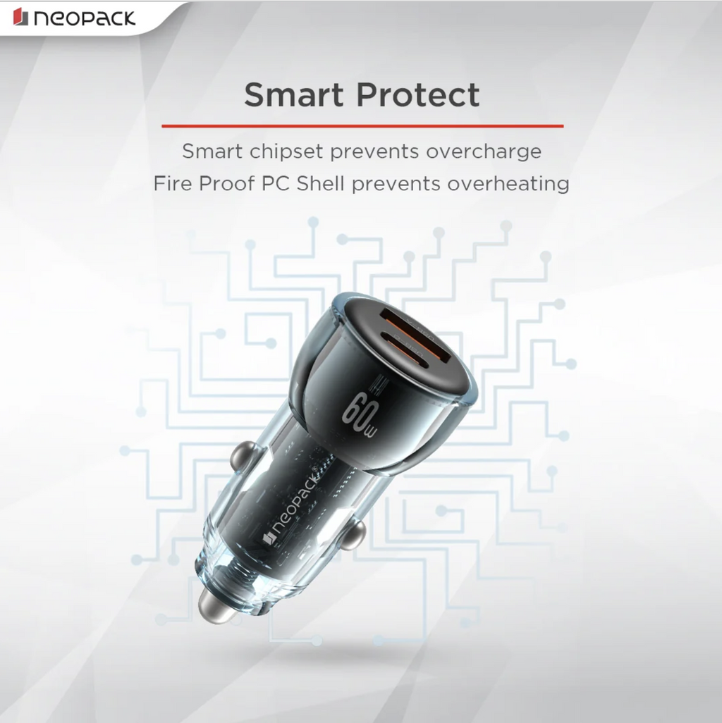 60W Dual Port Turbo Vision Car Charger with USB-C @ 30W PD 3.0 Output & USB-A @ 30W QC 3.0 Output Pots (Blue)