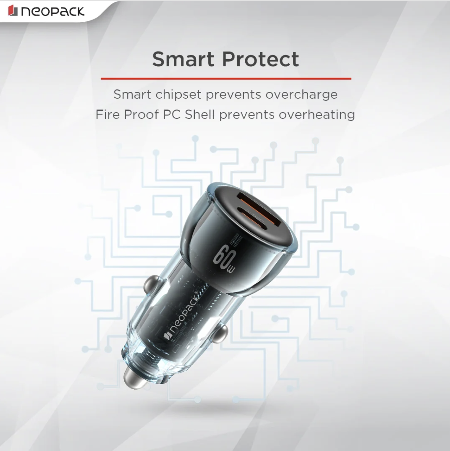60W Dual Port Turbo Vision Car Charger with USB-C @ 30W PD 3.0 Output & USB-A @ 30W QC 3.0 Output Pots (Blue)