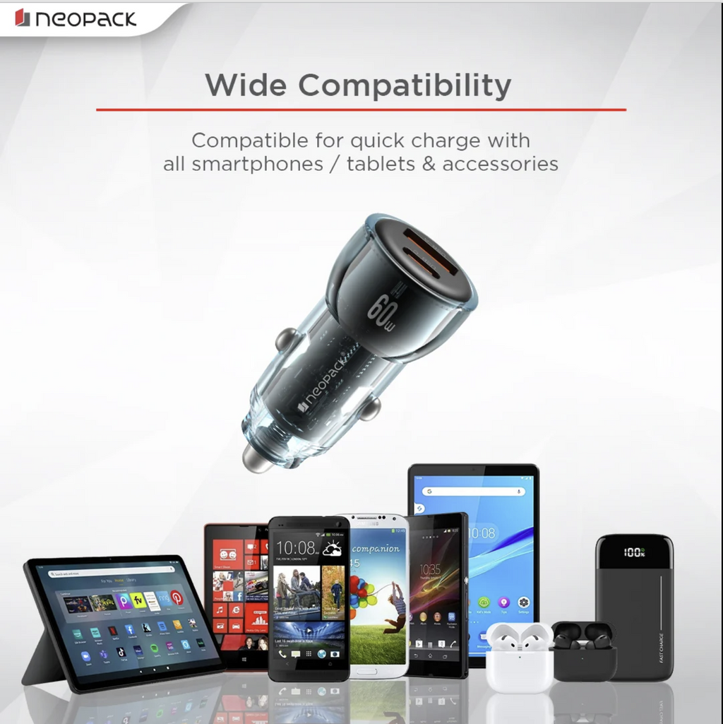 60W Dual Port Turbo Vision Car Charger with USB-C @ 30W PD 3.0 Output & USB-A @ 30W QC 3.0 Output Pots (Blue)