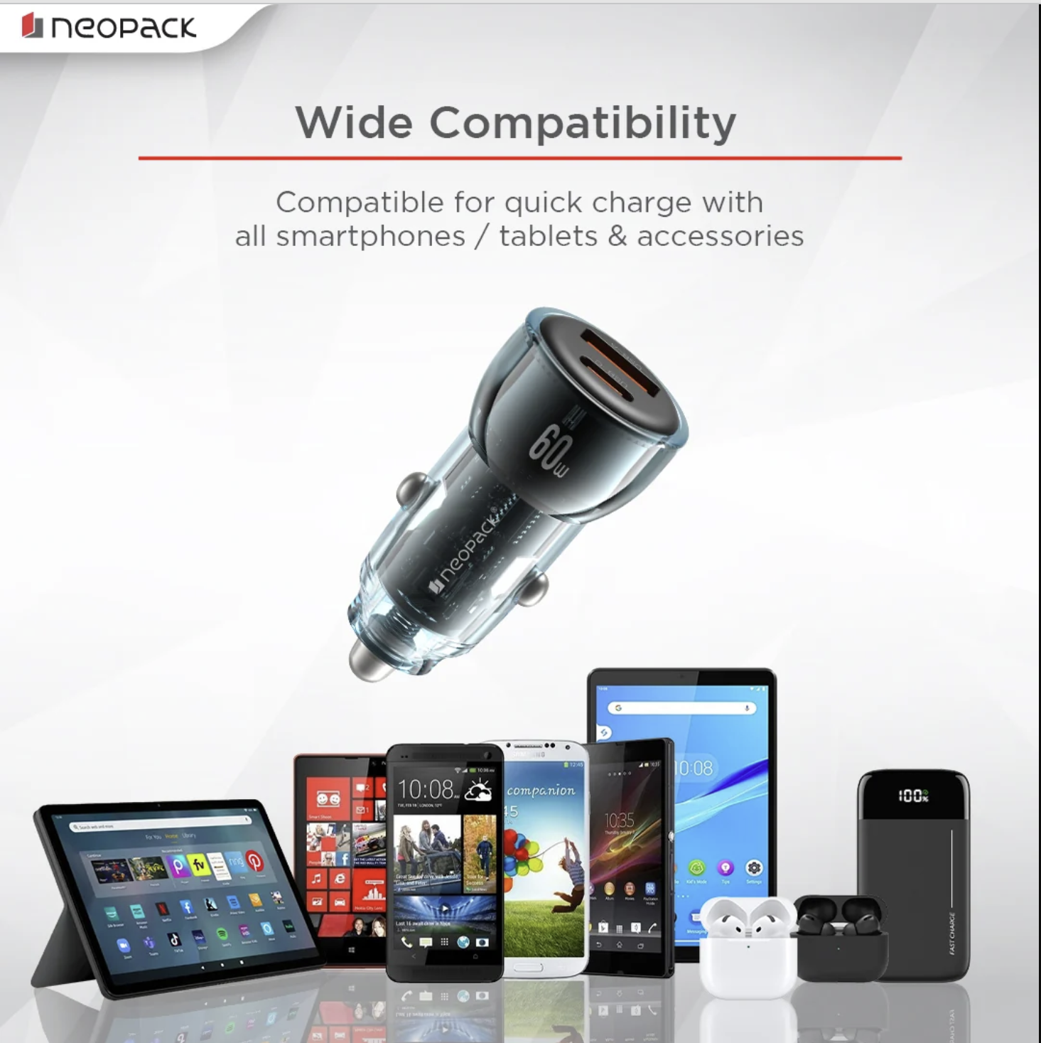 60W Dual Port Turbo Vision Car Charger with USB-C @ 30W PD 3.0 Output & USB-A @ 30W QC 3.0 Output Pots (Blue)