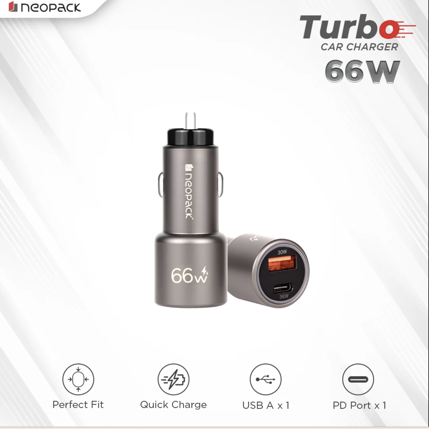 66W Dual Port QC 3.0 Turbo Car Charger with USB-C @ 36W & USB-A @ 30W (Space Grey)