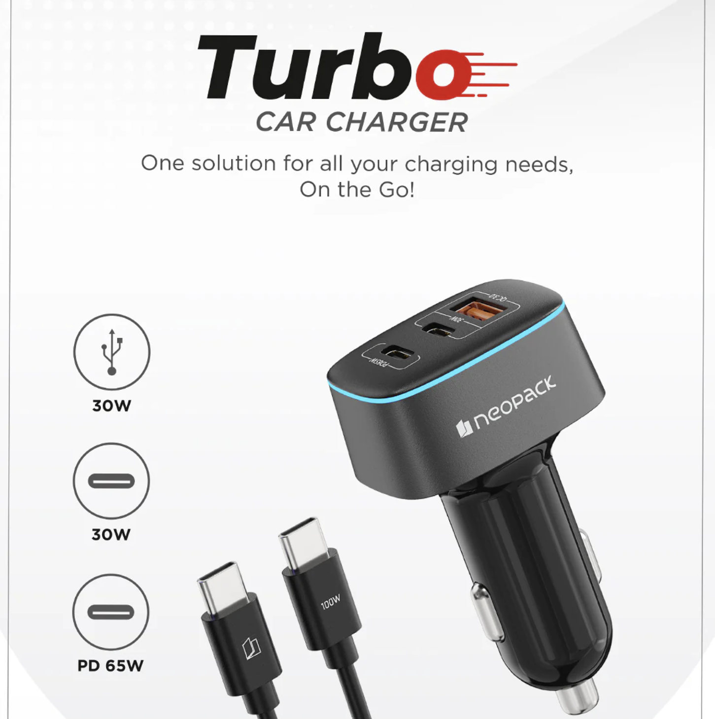 95W Multiport Metal Edition Turbo Car Charger with 1.5M USB-C to C Cable (Black)