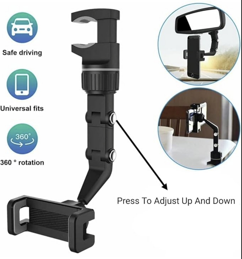 Rearview Mirror Phone Holder for Car, 360° Car Mirror Bracket, All Universal Mobile Phones & GPS Holder, Rotatable Retractable Cell Phone Automobile Cradles for Vehicles