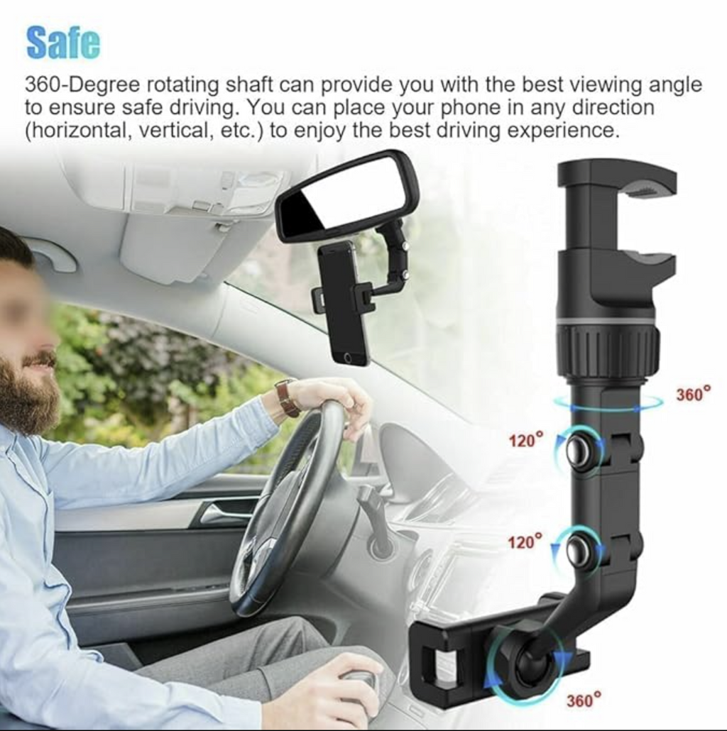 Rearview Mirror Phone Holder for Car, 360° Car Mirror Bracket, All Universal Mobile Phones & GPS Holder, Rotatable Retractable Cell Phone Automobile Cradles for Vehicles