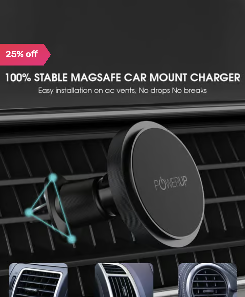 Powerup Magsafe Car Mount Charger, Air Vent Magnetic Wireless Phone Charger - Black