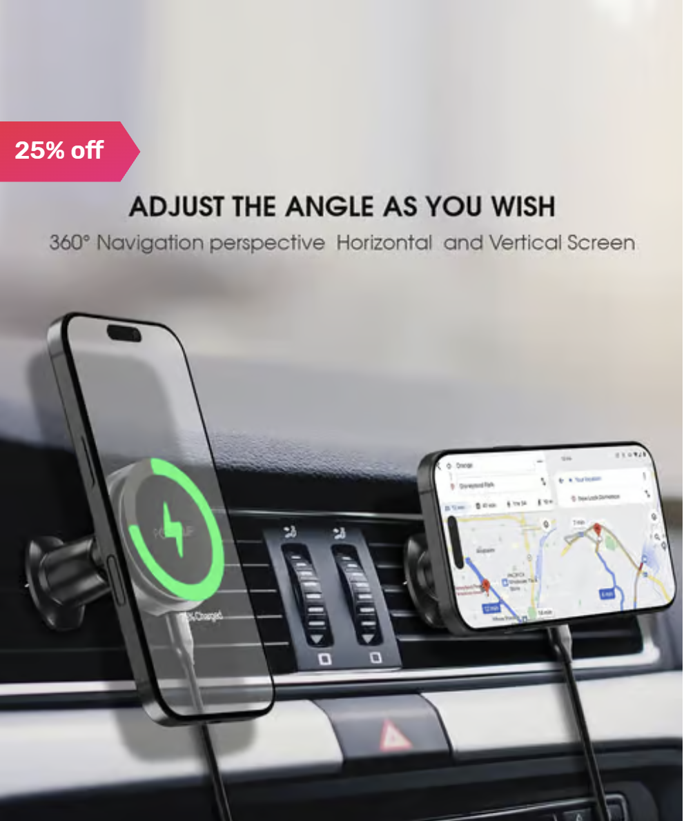 Powerup Magsafe Car Mount Charger, Air Vent Magnetic Wireless Phone Charger - Black