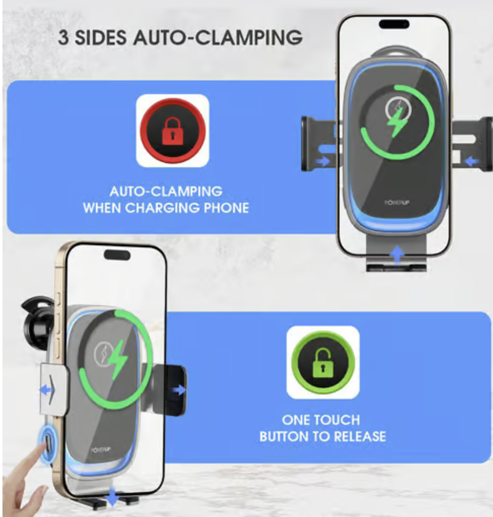 Powerup Magsafe Auto Clamp Charger, Air Vent Magnetic 15W Fast Phone Charger - Black