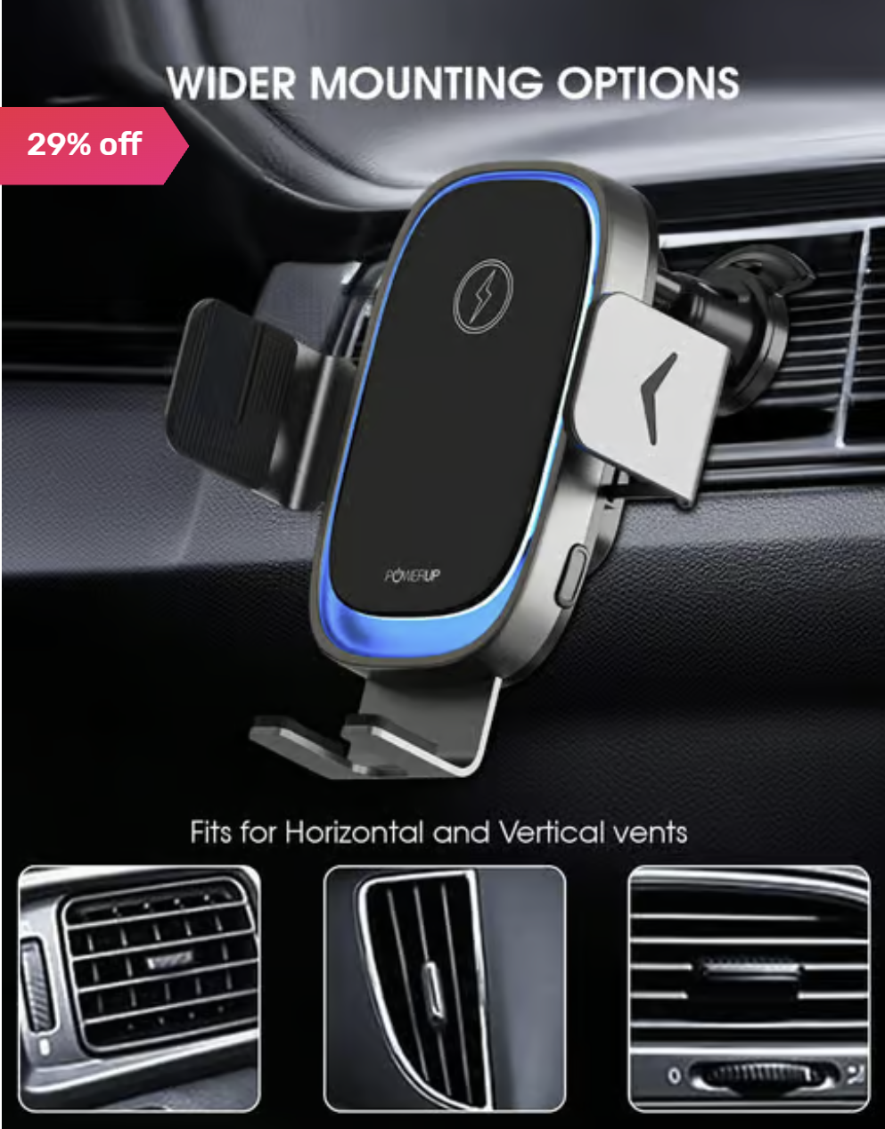 Powerup Magsafe Auto Clamp Charger, Air Vent Magnetic 15W Fast Phone Charger - Black