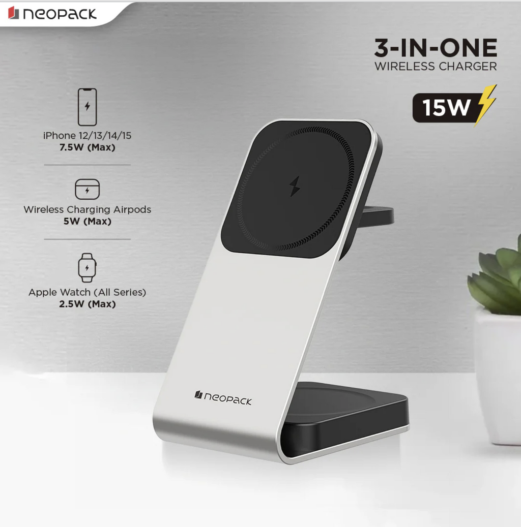 3 IN One Wireless Charging Stand 15W Compatible With iPhone, Apple Watch & Airpod (Silver)