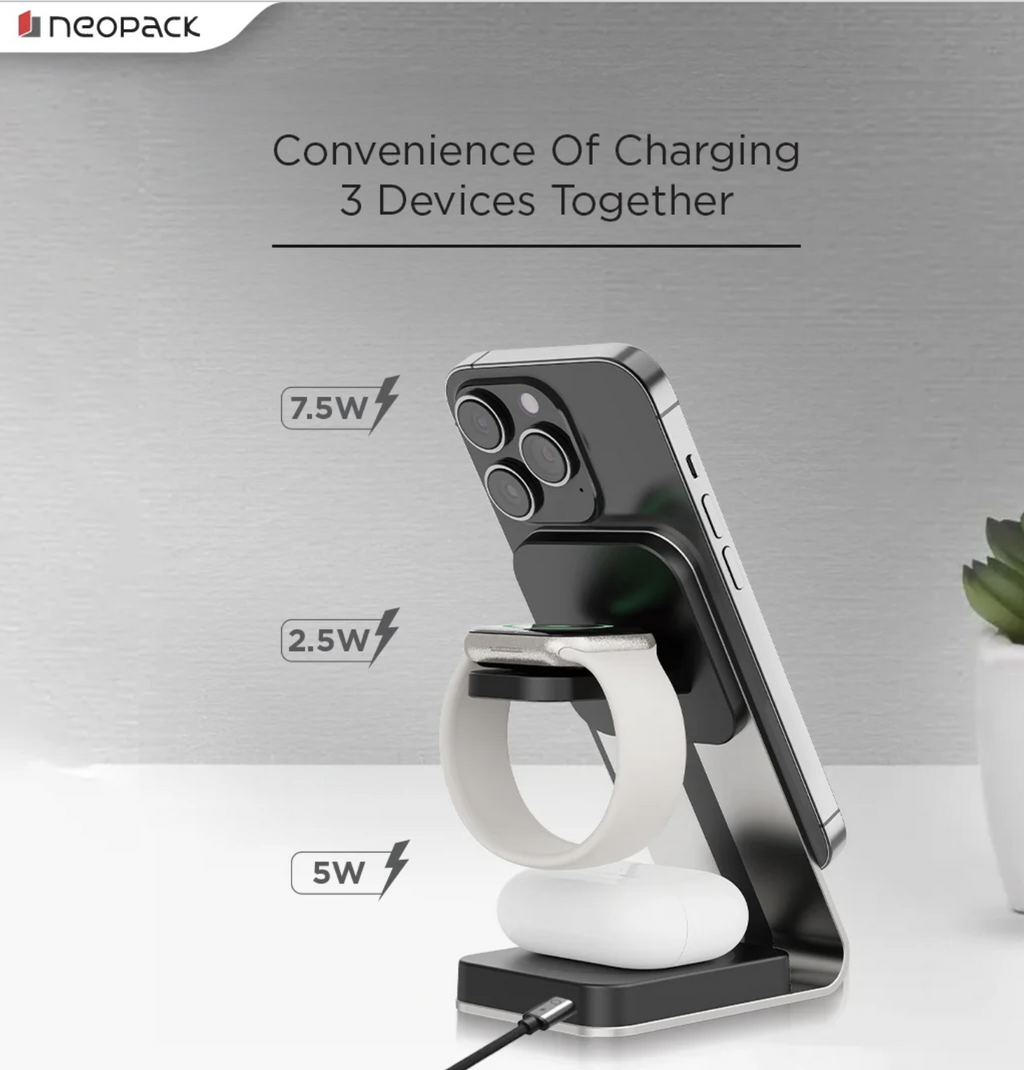 3 IN One Wireless Charging Stand 15W Compatible With iPhone, Apple Watch & Airpod (Silver)