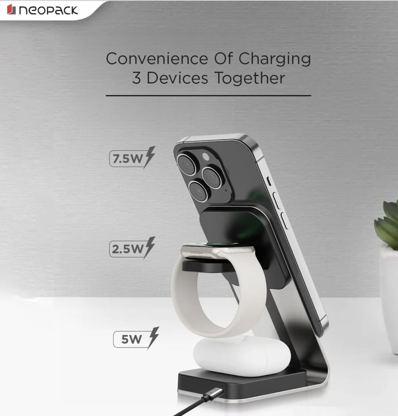 3 IN One Wireless Charging Stand 15W Compatible With iPhone, Apple Watch & Airpod (Silver)