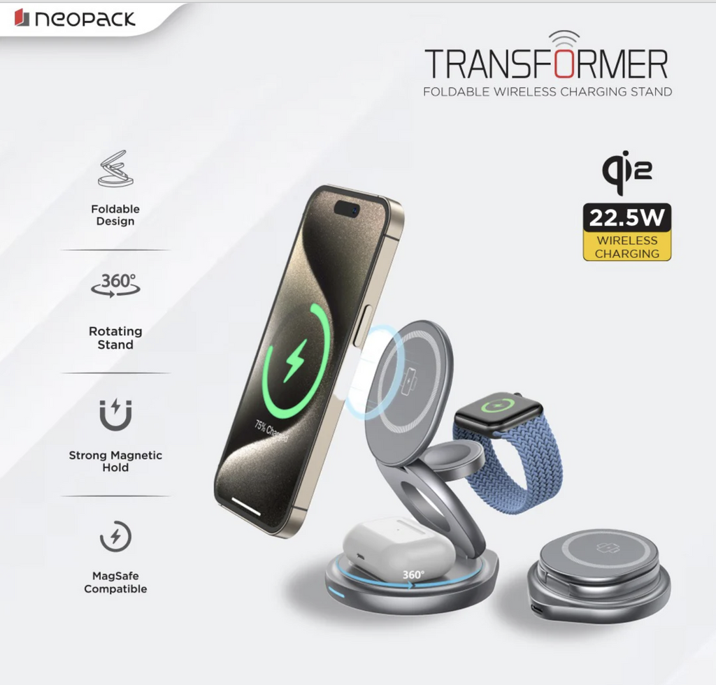 Transformer 3IN1 Wireless Charger Qi2 22.5W Compatible with iPhone, Apple Watch & Airpod (Grey)