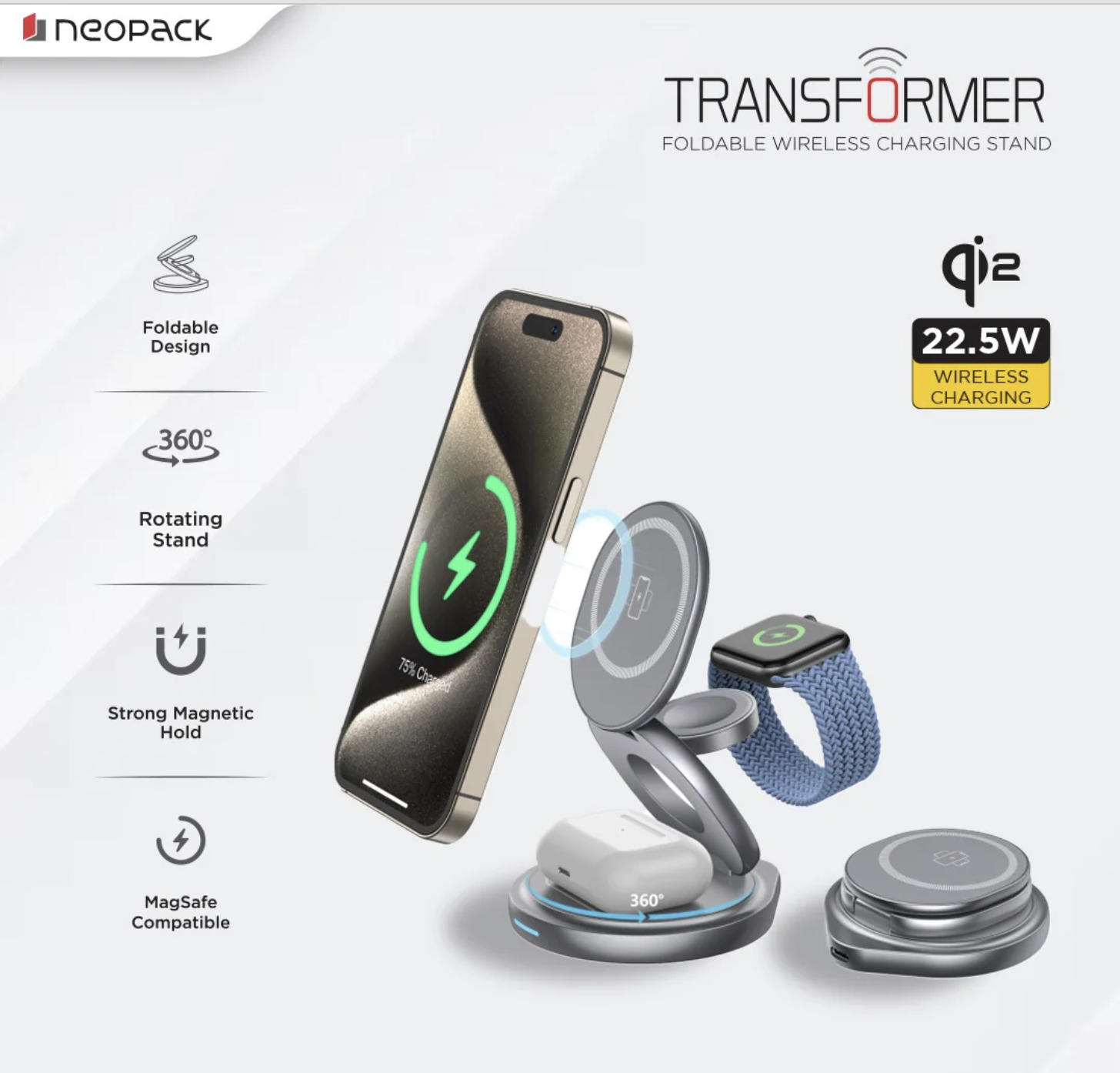 Transformer 3IN1 Wireless Charger Qi2 22.5W Compatible with iPhone, Apple Watch & Airpod (Grey)