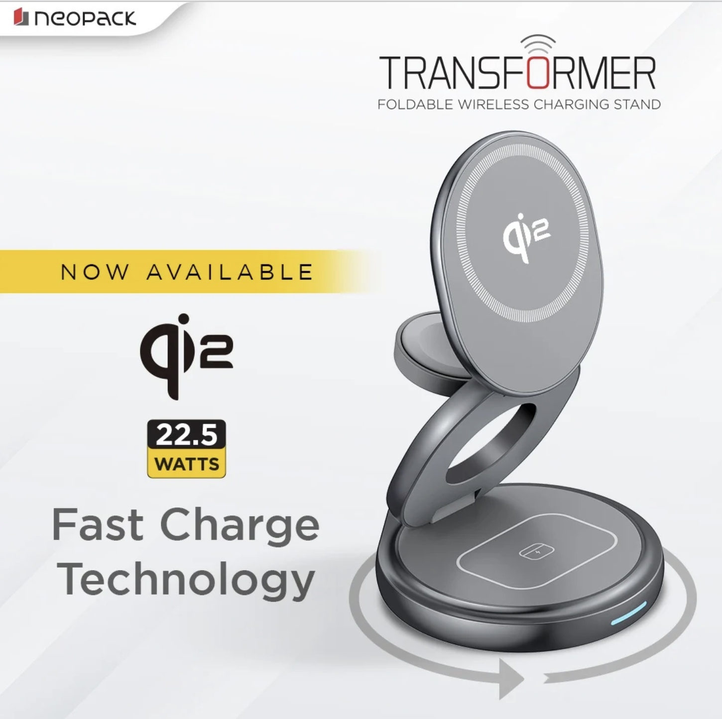 Transformer 3IN1 Wireless Charger Qi2 22.5W Compatible with iPhone, Apple Watch & Airpod (Grey)