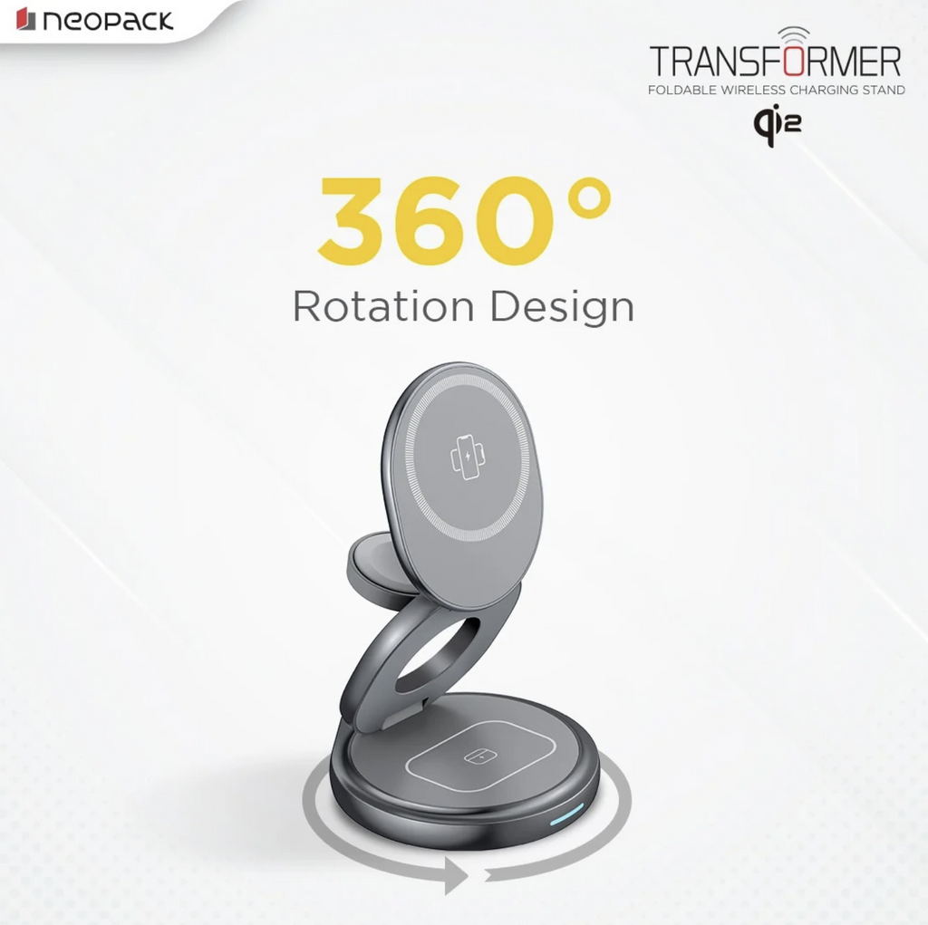Transformer 3IN1 Wireless Charger Qi2 22.5W Compatible with iPhone, Apple Watch & Airpod (Grey)