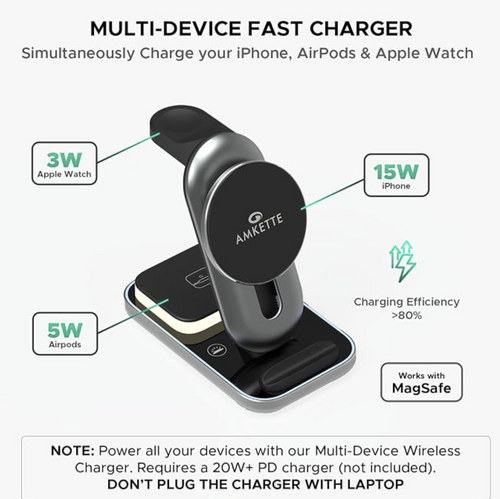 Amkette Powerpro Air 900 23W 3-in-1 Magsafe Wireless Charger for iPhone | Compatible with 16, 15, 14, 13, 12 Series | Airpods 4Th, 3Rd, 2Nd Gen/Pro, Pro2 | Apple Watch 10/9/8/7/6/5/4/ SE/Ultra, Grey Visit the Amkette Store