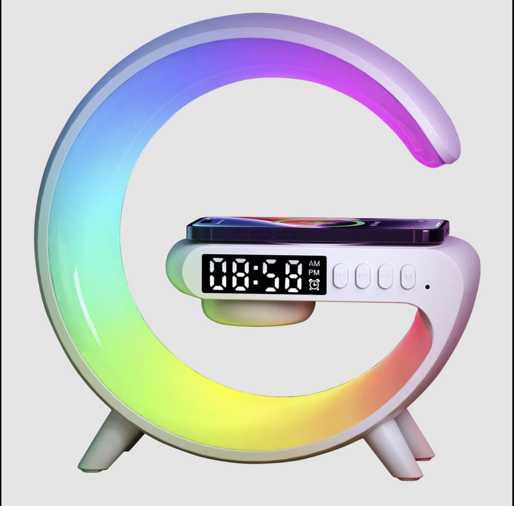 G-Shaped RGB Atmosphere Lamp with 15W Wireless Charger, Bluetooth Speaker, Alarm Clock &