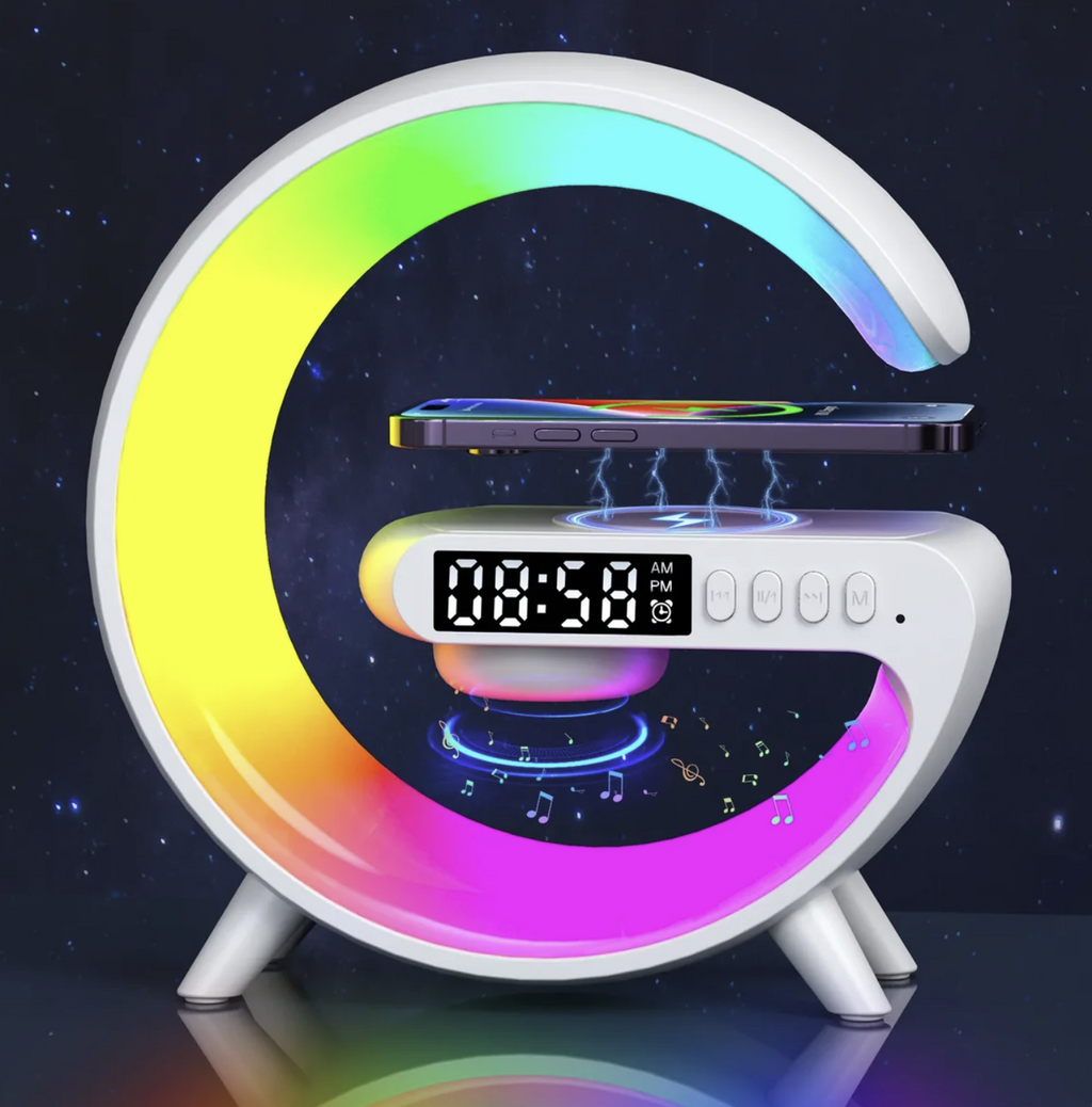 G-Shaped RGB Atmosphere Lamp with 15W Wireless Charger, Bluetooth Speaker, Alarm Clock &