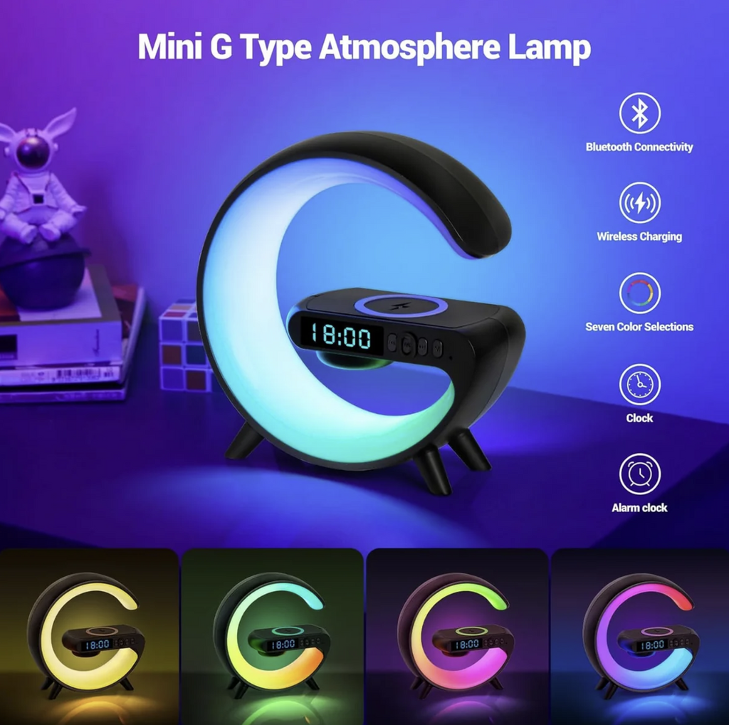 G-Shaped RGB Atmosphere Lamp with 15W Wireless Charger, Bluetooth Speaker, Alarm Clock &