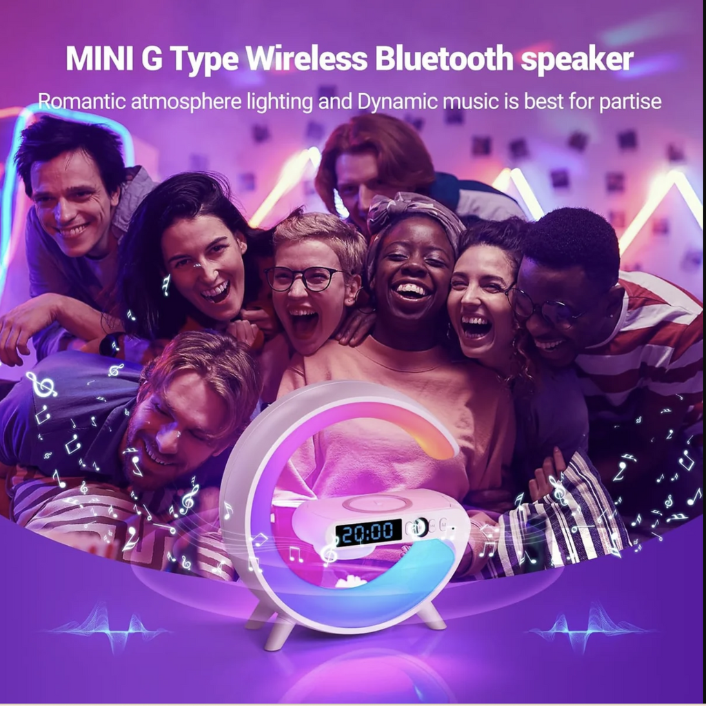 G-Shaped RGB Atmosphere Lamp with 15W Wireless Charger, Bluetooth Speaker, Alarm Clock &