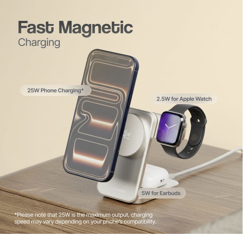 Ambrane Qi2 Magsafe Wireless 3-in-1 Charger for iPhone, Airpods&Apple Watch, Qi2 Certified Fast Charging, Premium&Foldable Design, for iPhone 16/15/14/13/12 Series (AerosynQ Trio 3, Titanium) Visit the Ambrane Store