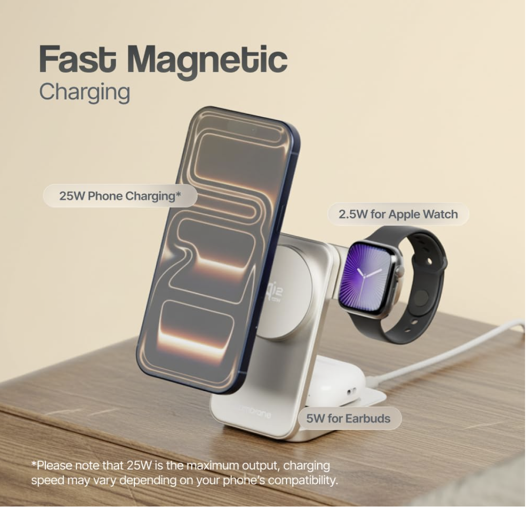 Ambrane Qi2 Magsafe Wireless 3-in-1 Charger for iPhone, Airpods&Apple Watch, Qi2 Certified Fast Charging, Premium&Foldable Design, for iPhone 16/15/14/13/12 Series (AerosynQ Trio 3, Titanium) Visit the Ambrane Store