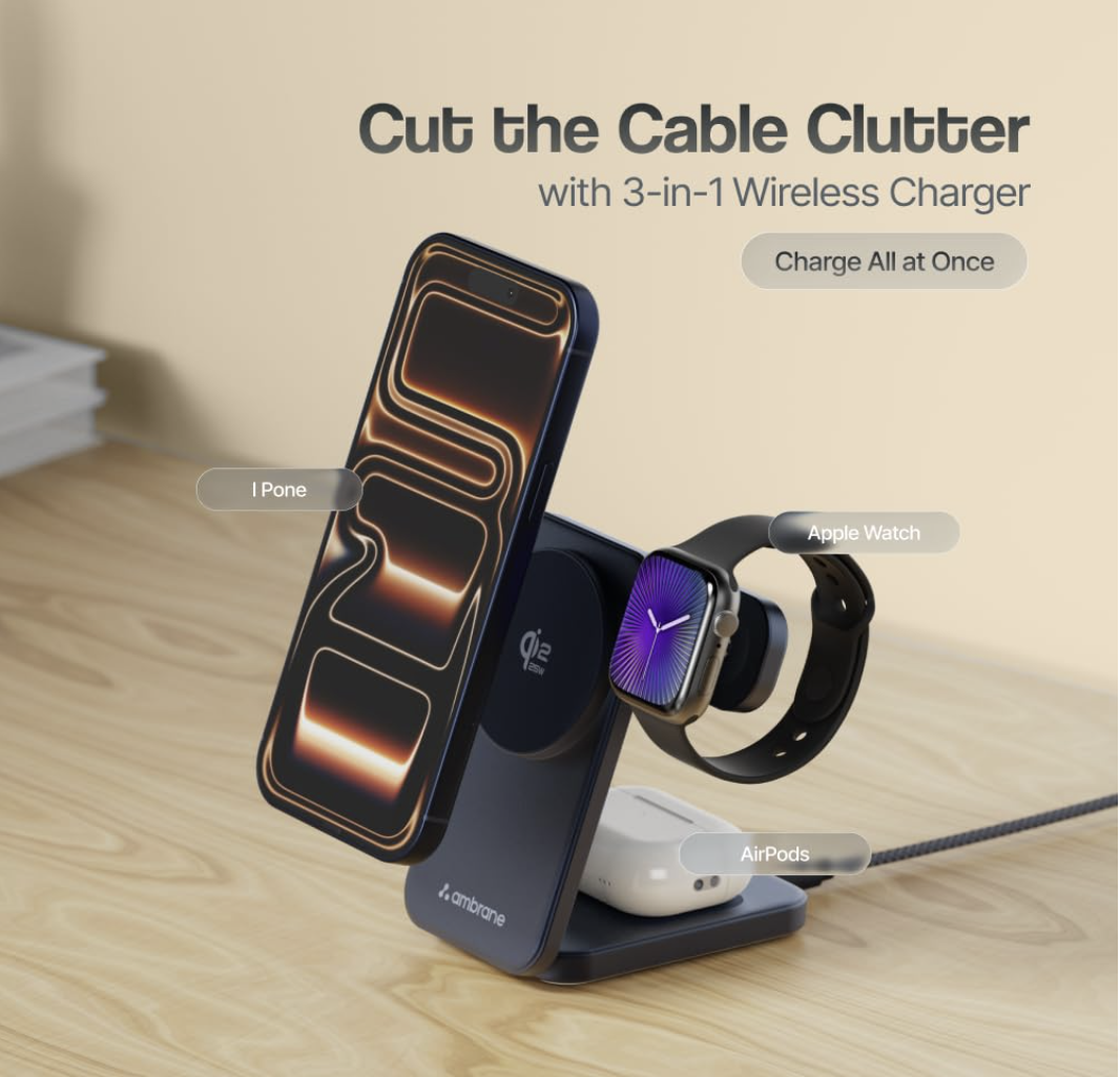 Ambrane Qi2 Magsafe Wireless 3-in-1 Charger for iPhone, Airpods&Apple Watch, Qi2 Certified Fast Charging, Premium&Foldable Design, for iPhone 16/15/14/13/12 Series (AerosynQ Trio 3, Titanium) Visit the Ambrane Store
