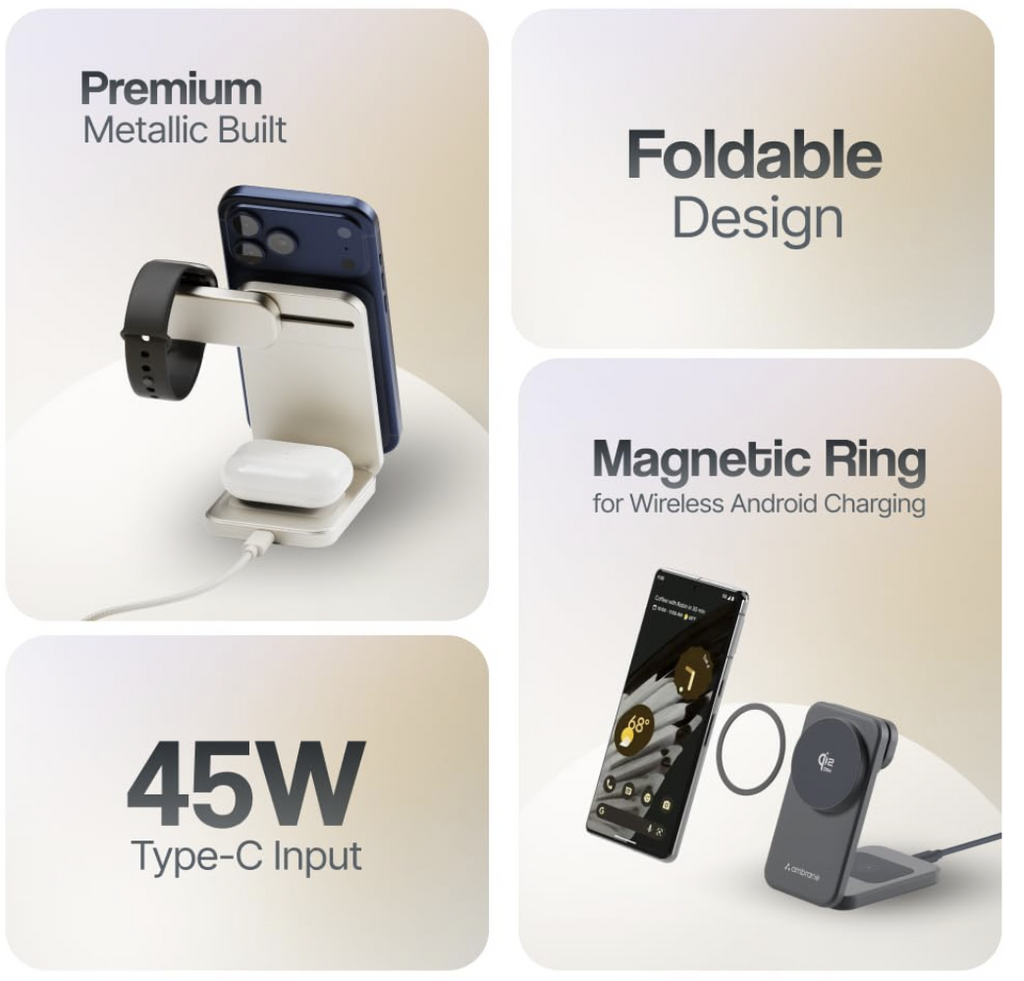 Ambrane Qi2 Magsafe Wireless 3-in-1 Charger for iPhone, Airpods&Apple Watch, Qi2 Certified Fast Charging, Premium&Foldable Design, for iPhone 16/15/14/13/12 Series (AerosynQ Trio 3, Titanium) Visit the Ambrane Store