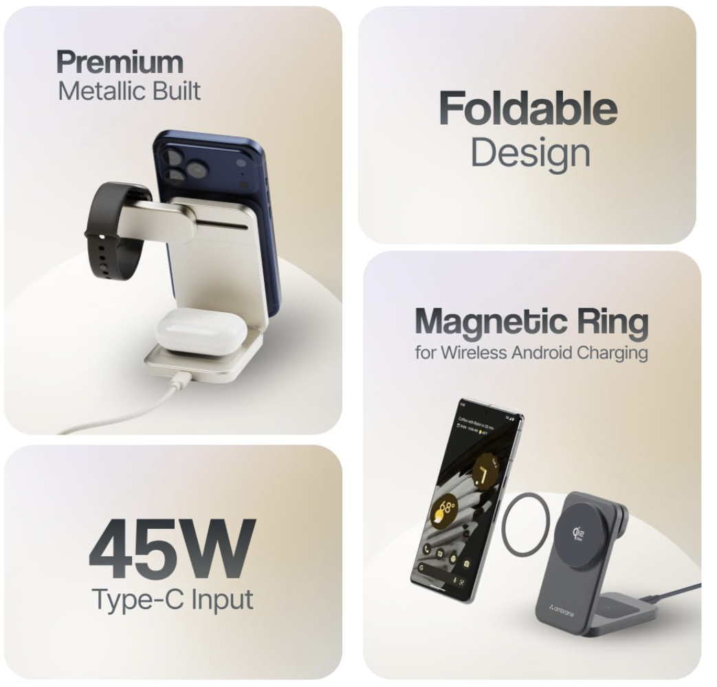 Ambrane Qi2 Magsafe Wireless 3-in-1 Charger for iPhone, Airpods&Apple Watch, Qi2 Certified Fast Charging, Premium&Foldable Design, for iPhone 16/15/14/13/12 Series (AerosynQ Trio 3, Titanium) Visit the Ambrane Store