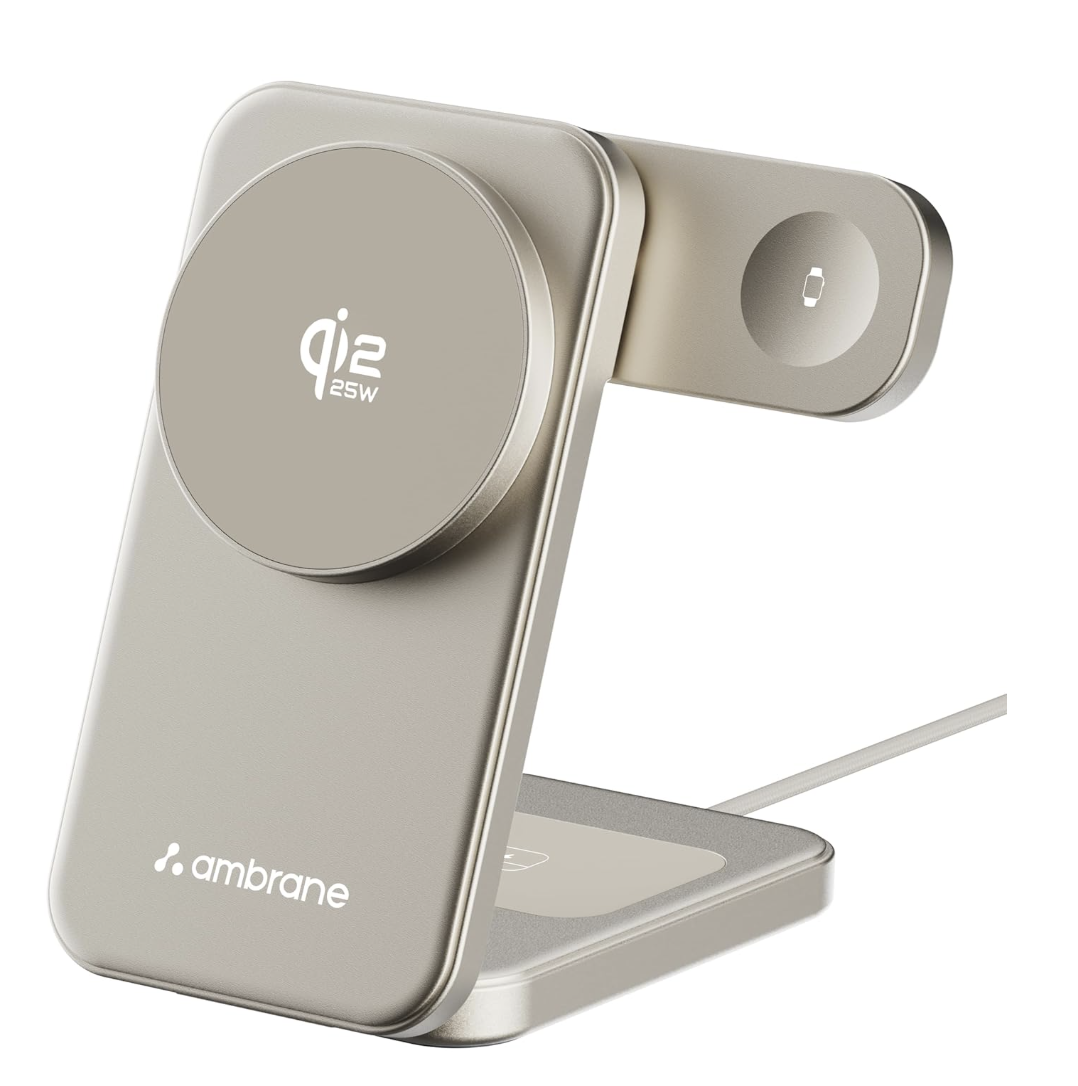 Ambrane Qi2 Magsafe Wireless 3-in-1 Charger for iPhone, Airpods&Apple Watch, Qi2 Certified Fast Charging, Premium&Foldable Design, for iPhone 16/15/14/13/12 Series (AerosynQ Trio 3, Titanium) Visit the Ambrane Store