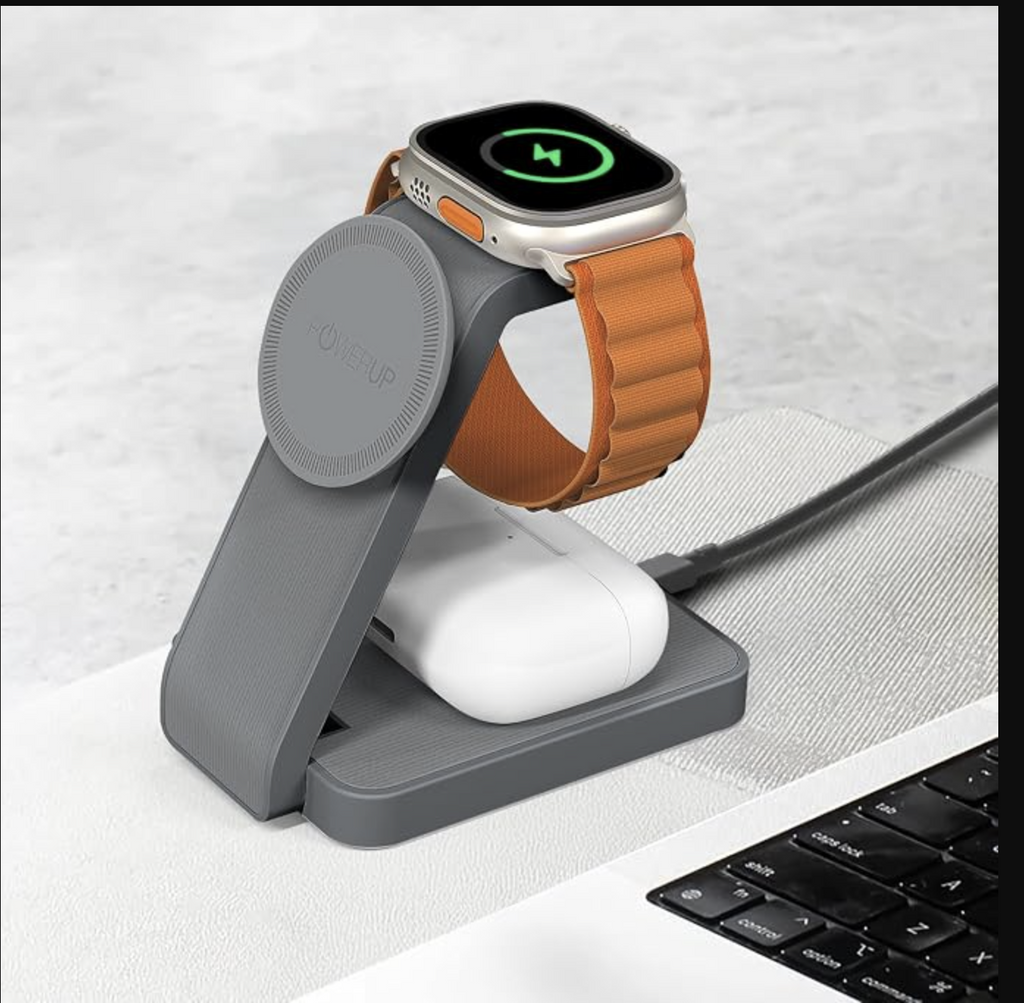 POWERUP by GRIPP 3IN1 Foldable Travel Mag-Safe Wireless Charger with Nightlight for iPhone, AirPods & Watch, Fast Charging, Mag-Safe Alignment, 3 Light Modes, Travel-Friendly Foldable Design - Grey