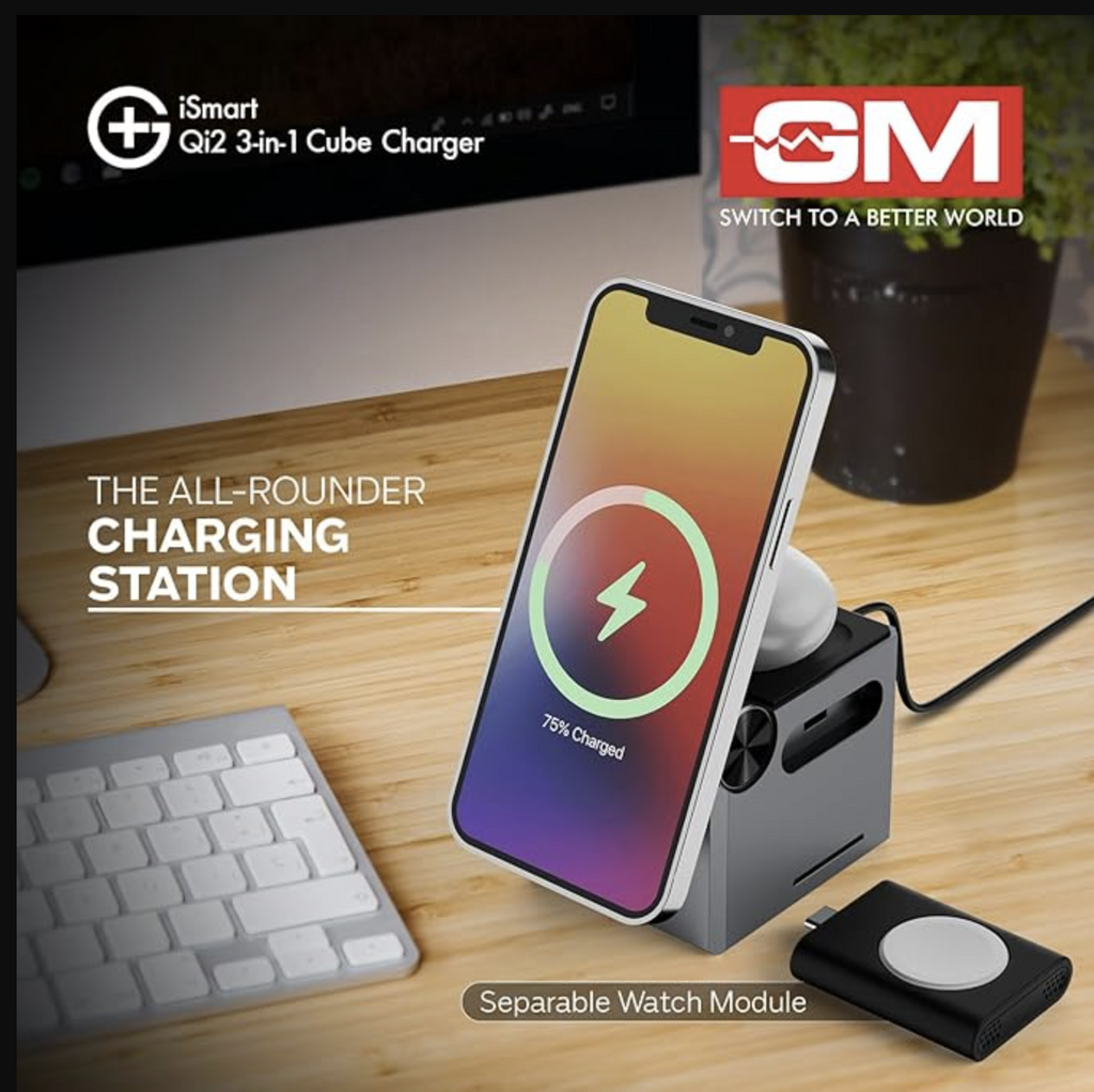 VVV iSmart Qi2 3-in-1 Cube Wireless Charger |Fast Charging for iPhone 12/13/14/15/16/17, AirPods Pro/3/2, All Apple Watch Series, Advanced Qi2 Technology, Compact Size, Detachable Watch Module
