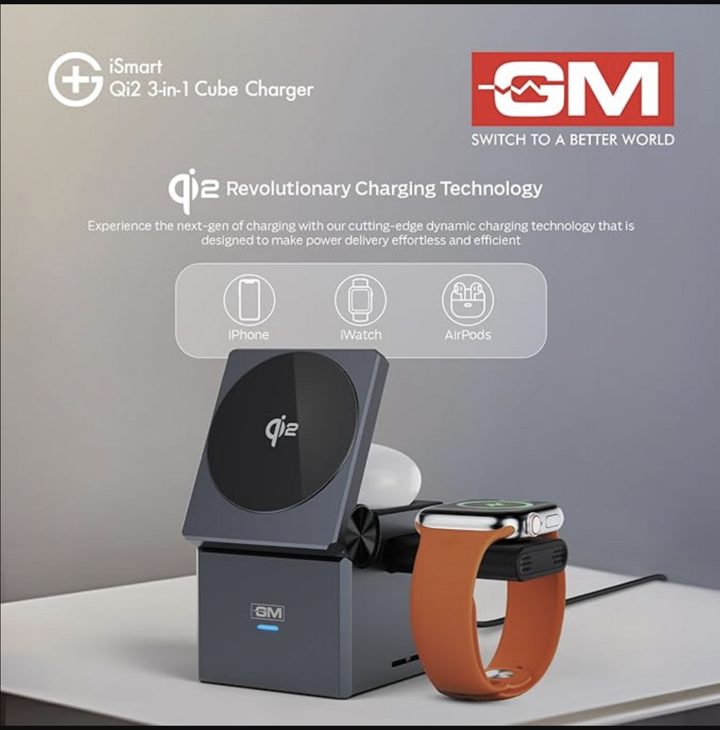 VVV iSmart Qi2 3-in-1 Cube Wireless Charger |Fast Charging for iPhone 12/13/14/15/16/17, AirPods Pro/3/2, All Apple Watch Series, Advanced Qi2 Technology, Compact Size, Detachable Watch Module