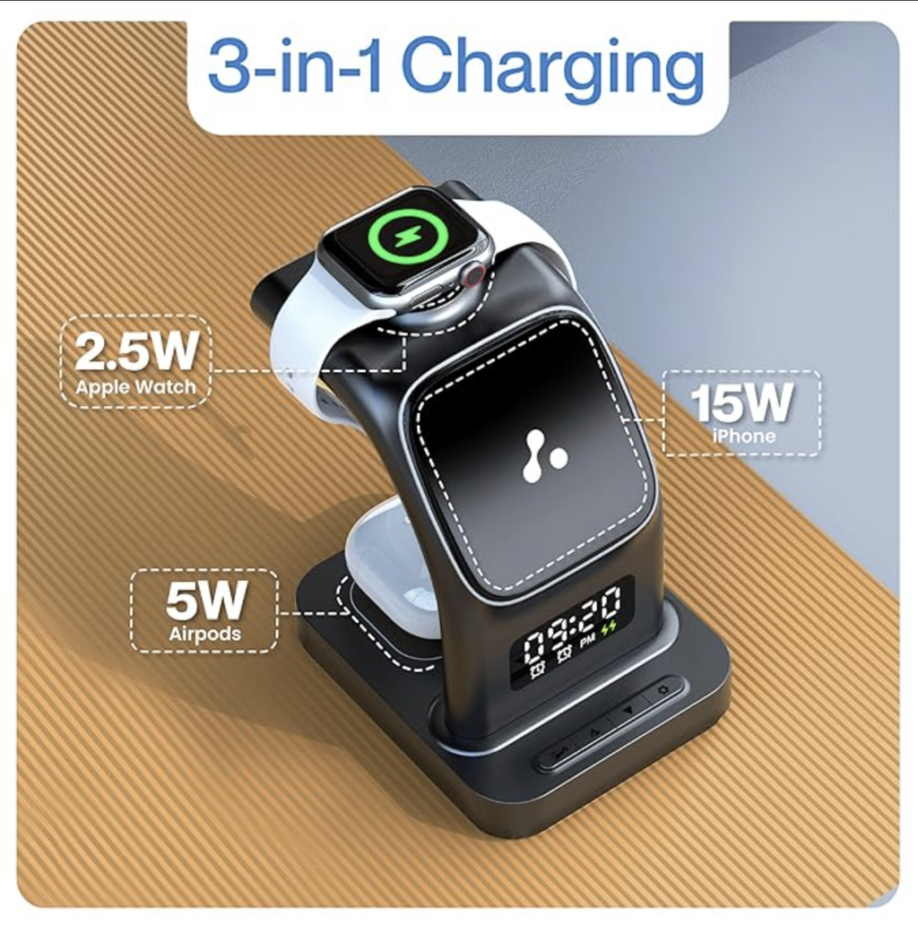Ambrane 22.5W Magnetic Magsafe 3In1 Wireless Charger for 16/16 +/16 Pro/16 Pro Max, iPhone 15/15 Plus/15 Pro/15 Pro Max, 14/13/12, Airpods 3rd/2nd gen, Series 9/8/7/6/5/4/SE (Aerosync Trio -Black)