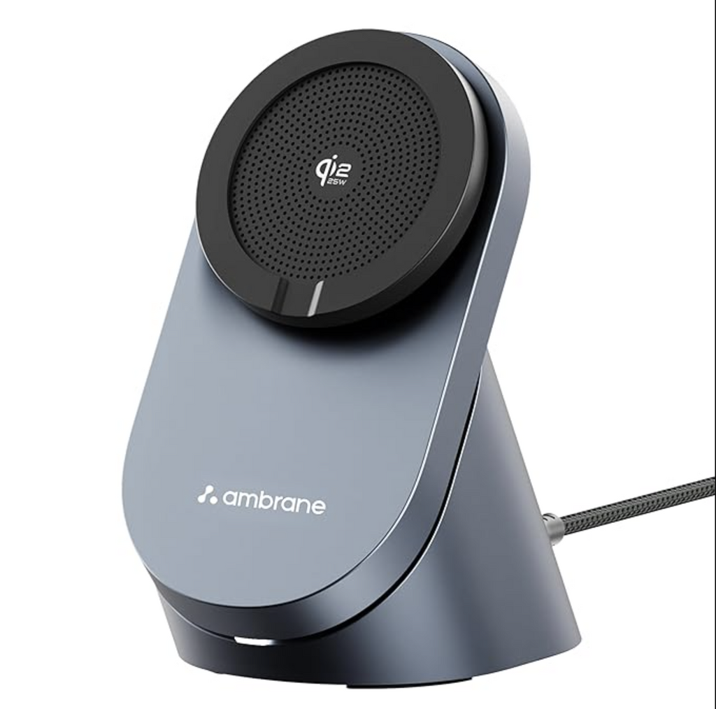 Ambrane 25W Qi2.2 Magsafe Wireless Charger with Stand & Heat Control Mechanism, Perfect for Table, Fast Charge 40% in Just 30 Mins Wirelessly for iPhone 12-17 All Models (AerosynQ 4, Grey)