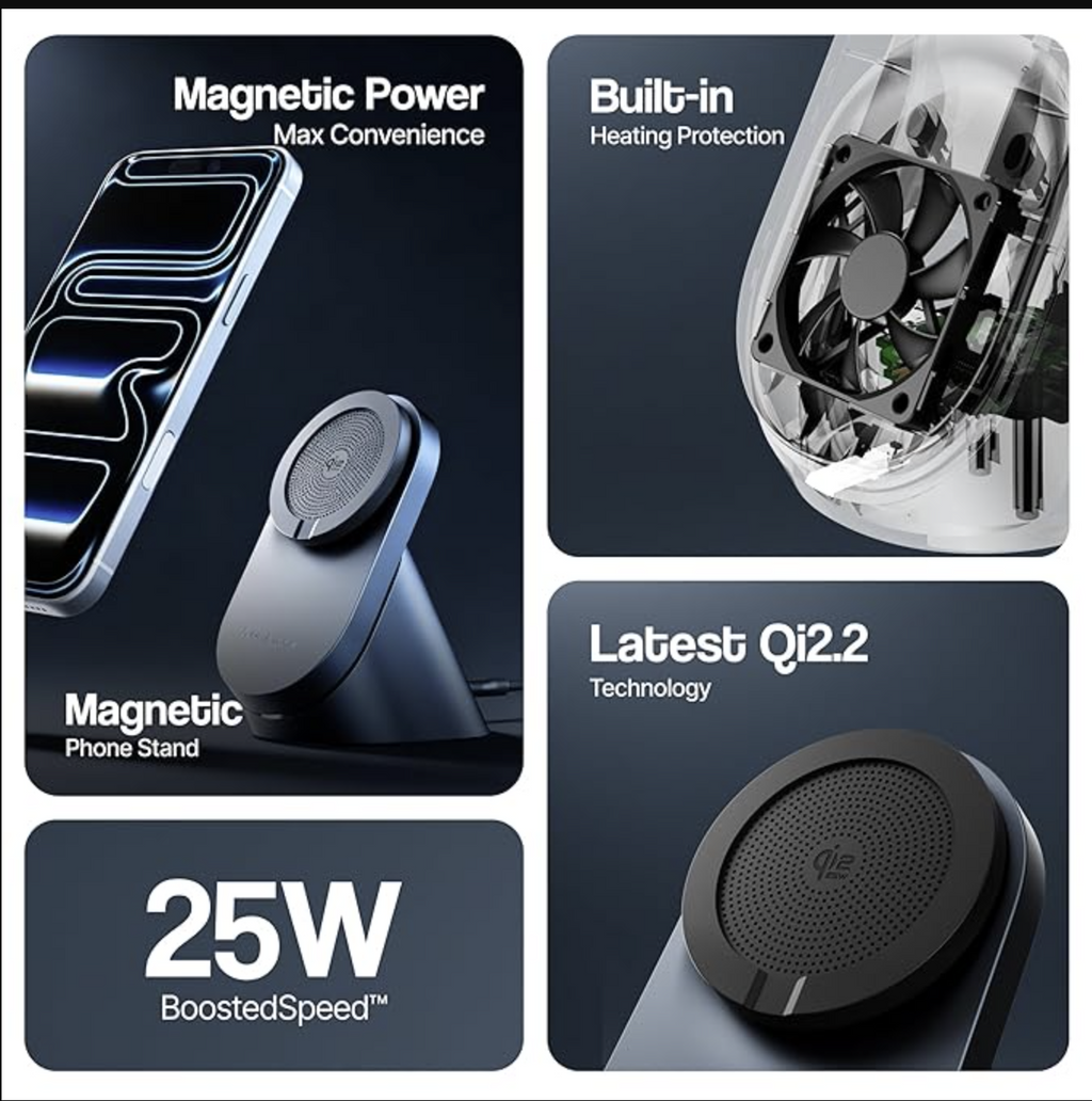 Ambrane 25W Qi2.2 Magsafe Wireless Charger with Stand & Heat Control Mechanism, Perfect for Table, Fast Charge 40% in Just 30 Mins Wirelessly for iPhone 12-17 All Models (AerosynQ 4, Grey)