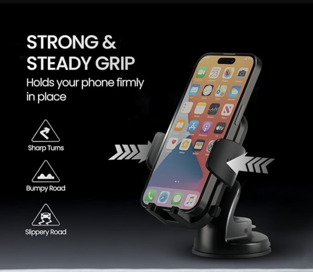 Portronics Clamp M4 Car Phone Holder Stand with 360 Degree Rotation, Strong Grip, Suction Cup Mount,