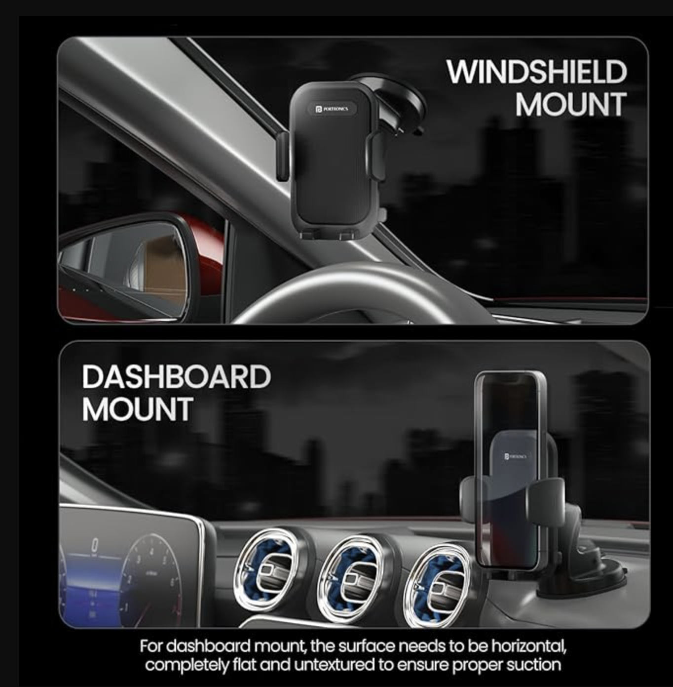 Portronics Clamp M4 Car Phone Holder Stand with 360 Degree Rotation, Strong Grip, Suction Cup Mount,